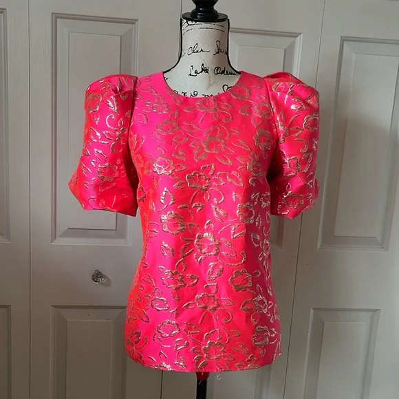 NWT Lilly Pulitzer Pratt Puff sleeve pink gold brocade top Sz XS SM - Picture 5 of 13